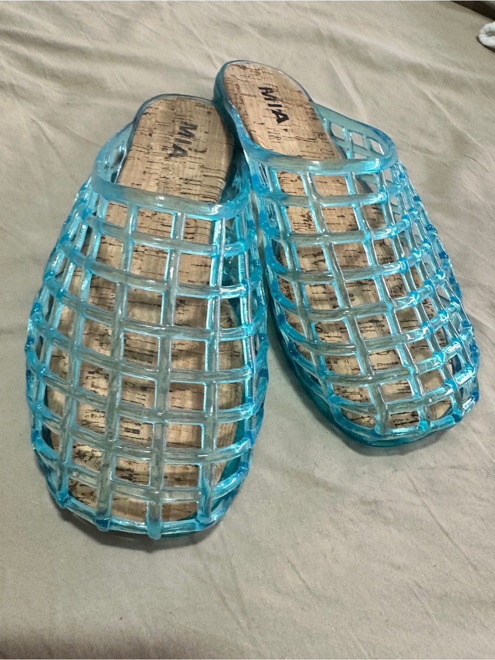 MIA Aqua Blue Lattice Slide Mules